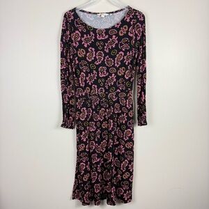 Boden Evelyn Midi Dress Womens 6 Petite Paisley Pink Black Long Sleeve